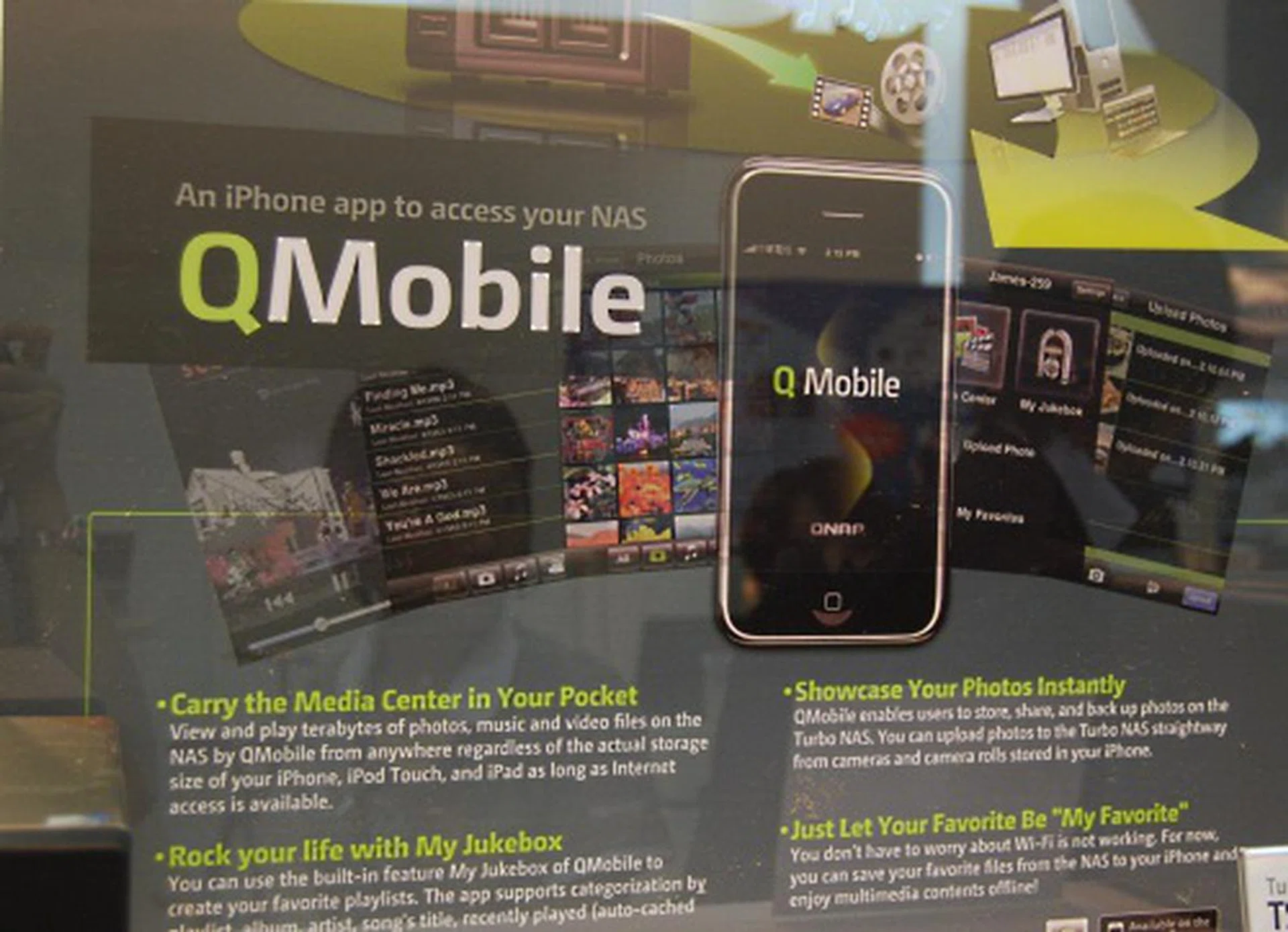 With QNAP's QMobile app for the iPhone, you can connect to your NAS using your iDevice through the internet to play the media stored at home.  
