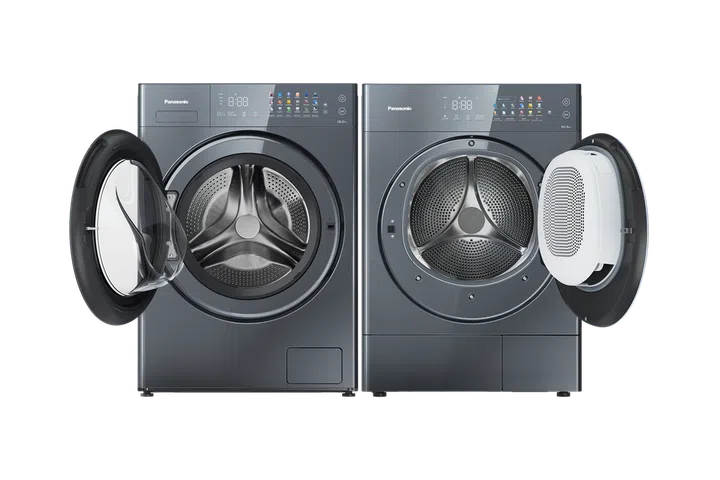 The V Series washer (left) is equipped with a cyclone purification system to clean fabrics more thoroughly, while the dryer (right) features forward-reverse rotation technology to prevent tangling. PHOTO: PANASONIC