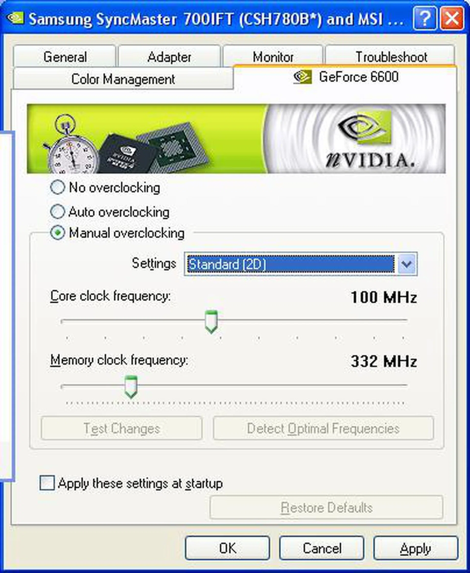 While not gaming, the GeForce Go 6600 MXM throttles down drastically to these clock speeds to ensure it runs ultra cool while drawing less power.
