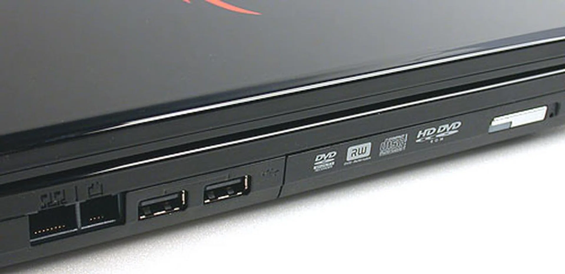 2 USB ports, LAN and modem jacks and most importantly, a HD DVD drive to keep up with the times. 