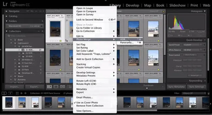 The new photomerge feature allows for HDR blending right in Lightroom.