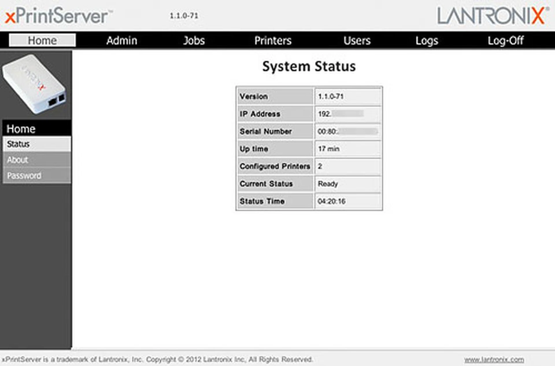 After login (default user name: admin; default password: PASS), you will arrive at the Home page of the xPrintServer's UI shown above.