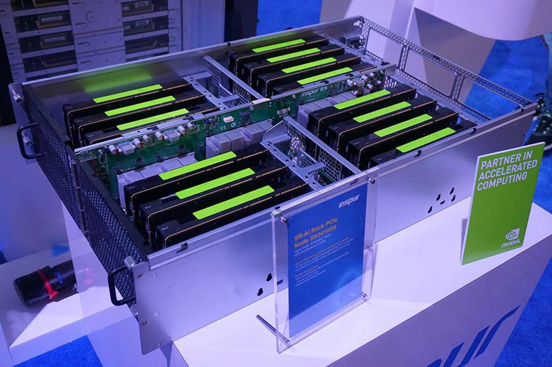 For high performance computing and training of deep neural networks, you will surely benefit from massive firepower such as this Hyper Scale PCIe Node 2U rack from Inspur that has the ability cram 16 NVIDIA Tesla GPUs in one box.