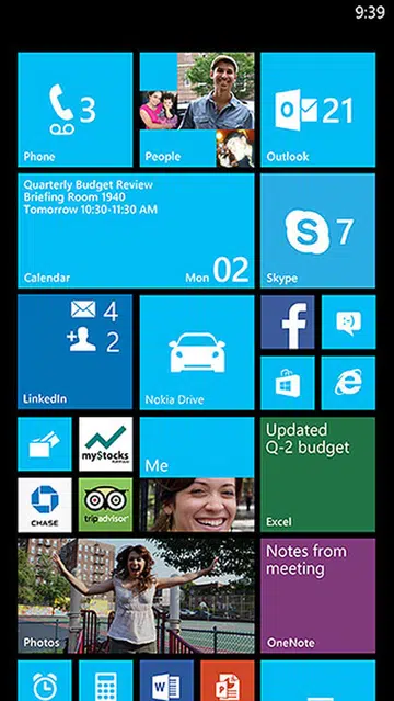With GDR3's new 3-column layout for large screen phones, you can have up to six small square tiles, or three medium square tiles. (Image source: Microsoft.)