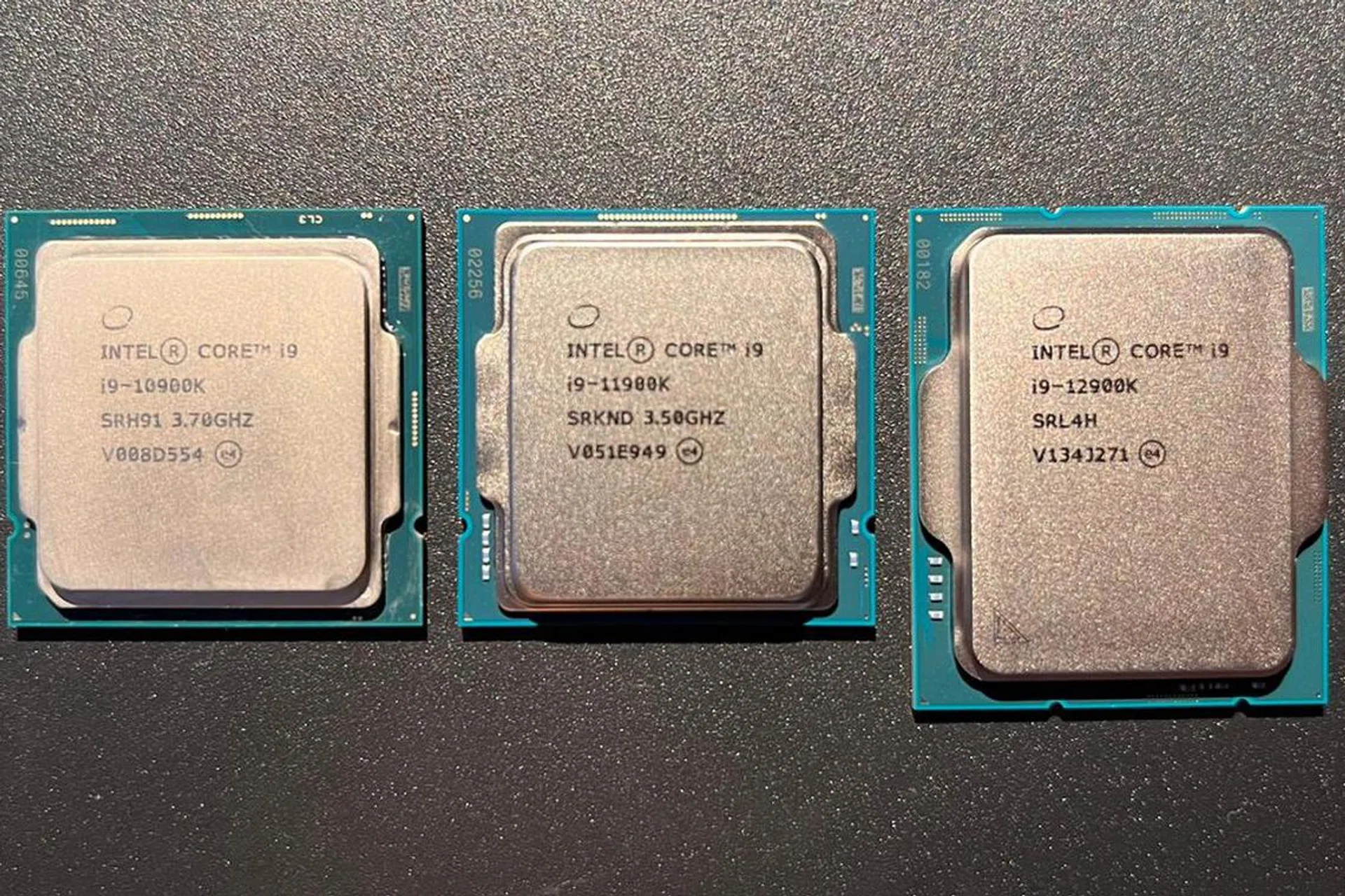 At a glance, from left to right: Intel Core i9-10900K, Core i9-11900K and the latest and largest Intel Core i9-12900K processor.