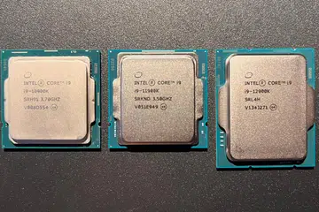At a glance, from left to right: Intel Core i9-10900K, Core i9-11900K and the latest and largest Intel Core i9-12900K processor.