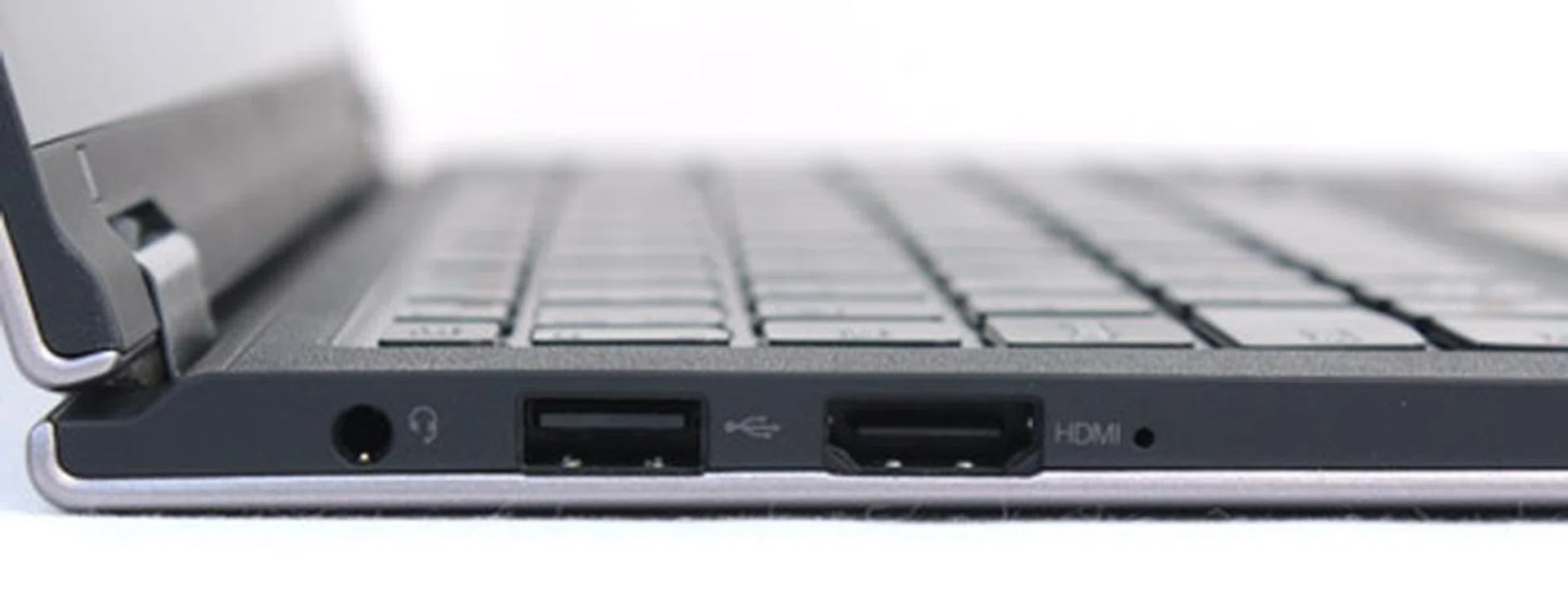 On the left, you'll find the headphone/microphone port, another USB 2.0 port and an HDMI port.