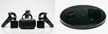 The HTC Vive Pre with its controllers (left) and the UA HealthBox fitness tracker kit by HTC and Under Armour (right).