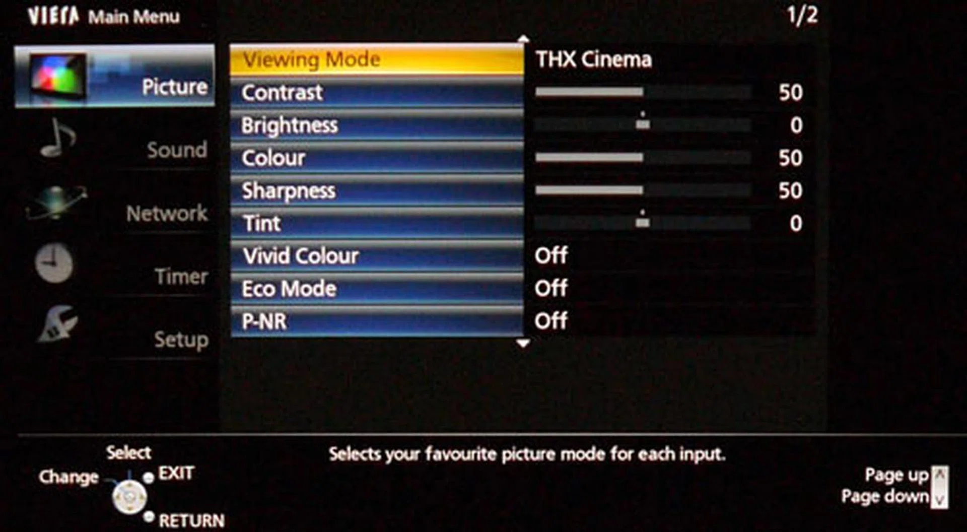 These are some of the default picture settings under the THX Cinema mode. We'll see how far this deviates from our calibrated settings in just a moment.
