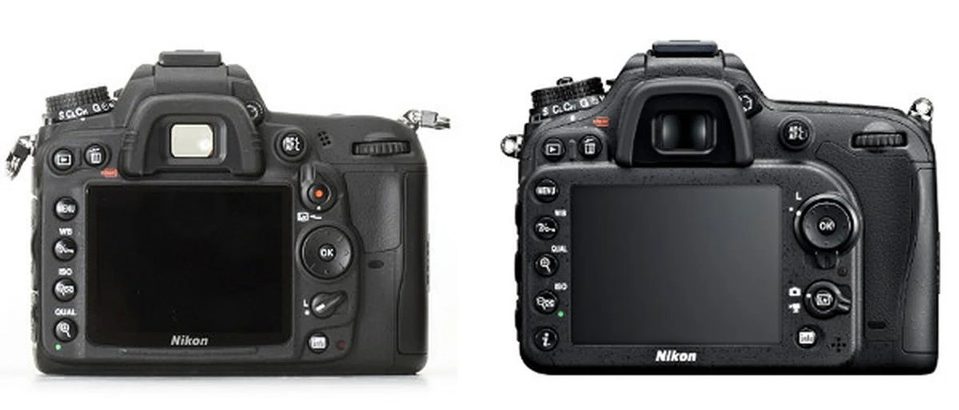 The D7100 (right) has shifted the video record button to the top, unlike the D7000 (left) which has it on the rear. The D7100 also sports more rubber at the thumb rest area. (Image not to scale)