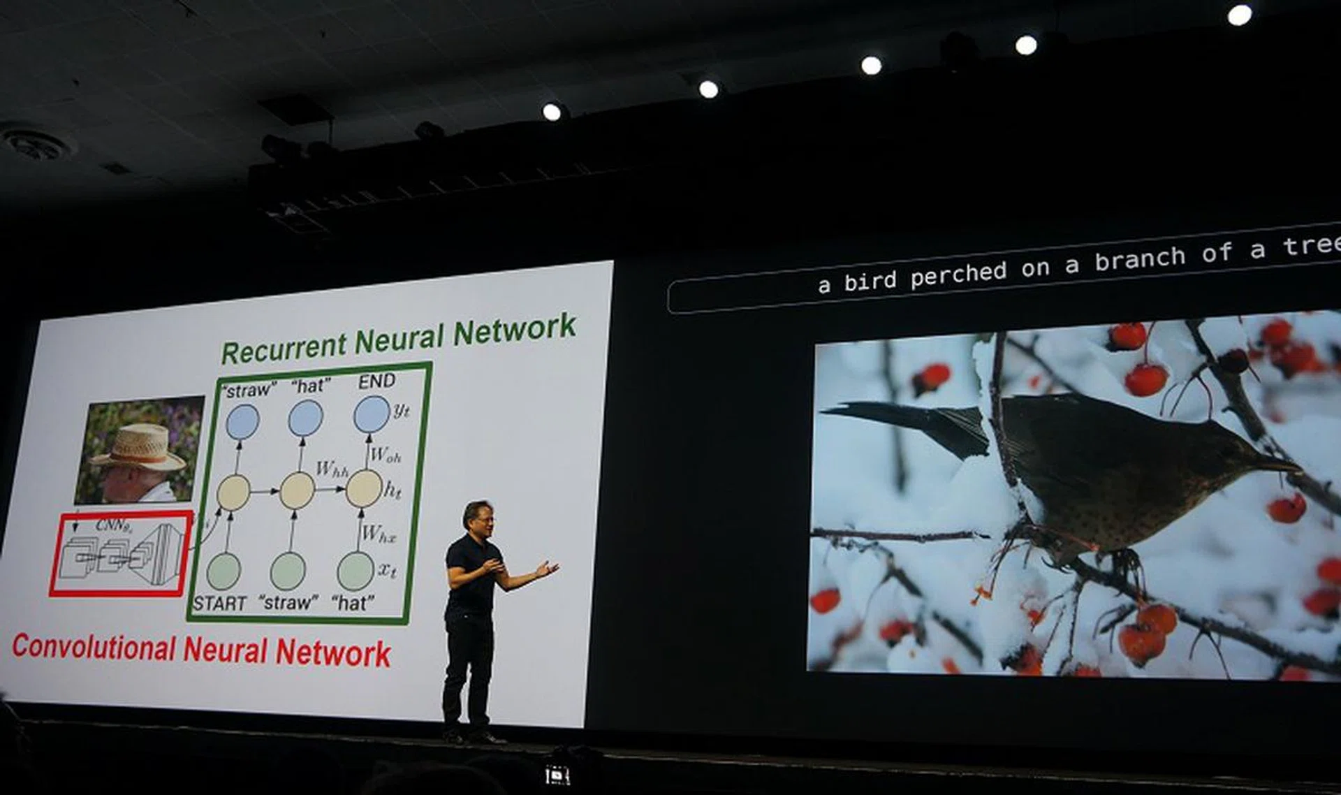 The deep learning algorithm has classified this picture as "A bird perched on a branch of a tree", which is remarkably accurate since most people won't necessarily describe the exact specifics. Probably what's missing is identifying the type of bird.