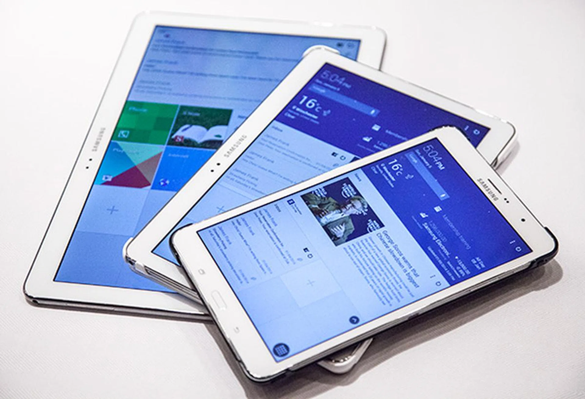The Samsung Galaxy TabPRO 12.2, 10.1 and 8.4 tablets. From the way the logo is printed and home button is located on these devices, both the 12.2 and 10.1 versions are used in the landscape orientation while the TabPRO 8.4 is used in the portrait orientation.