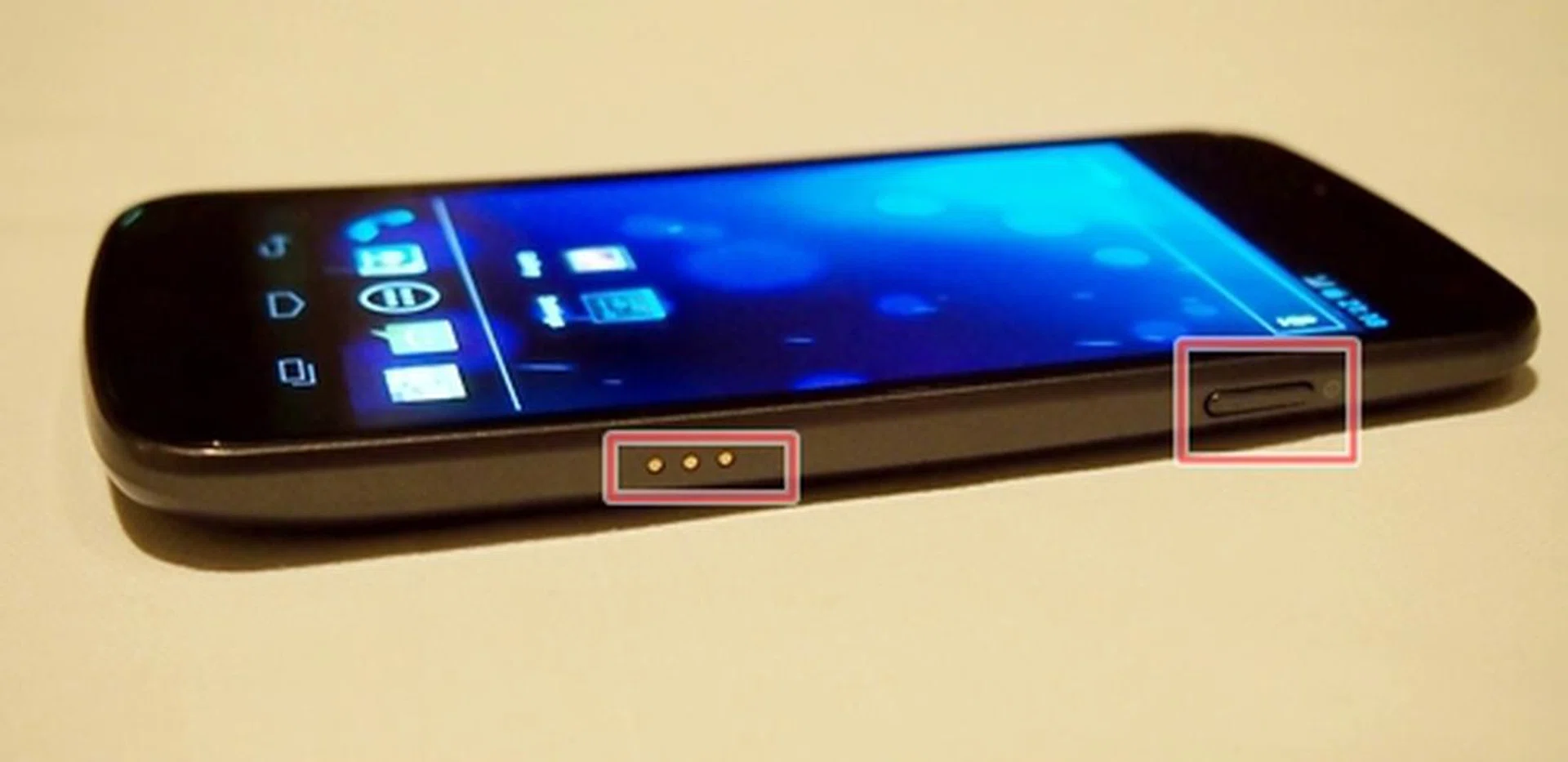 You will find the port connectors and power button on the right side of the Samsung Galaxy Nexus.