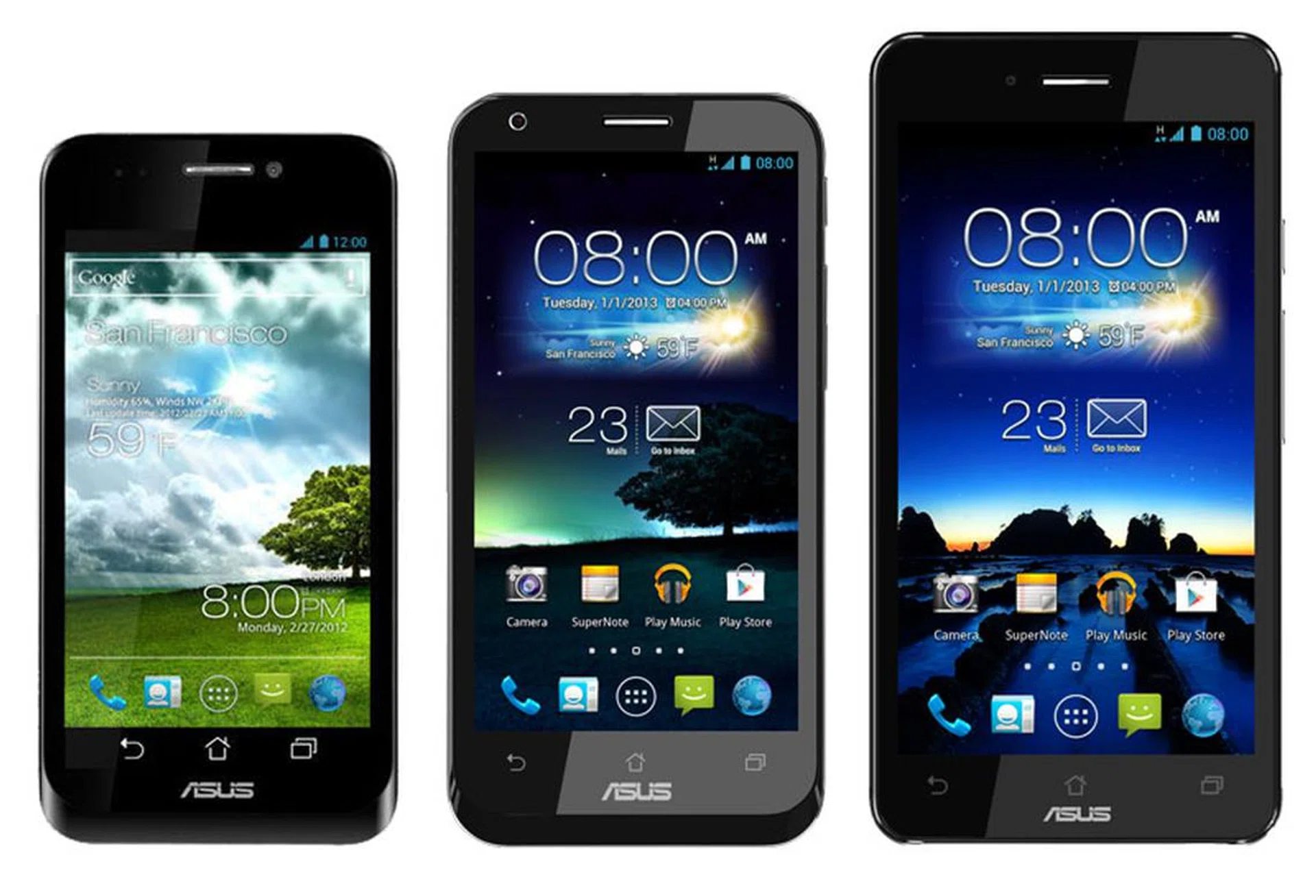 From left to right: ASUS PadFone, PadFone 2 and PadFone Infinity. And  yes, they are to scale as each is larger than the predecessor.