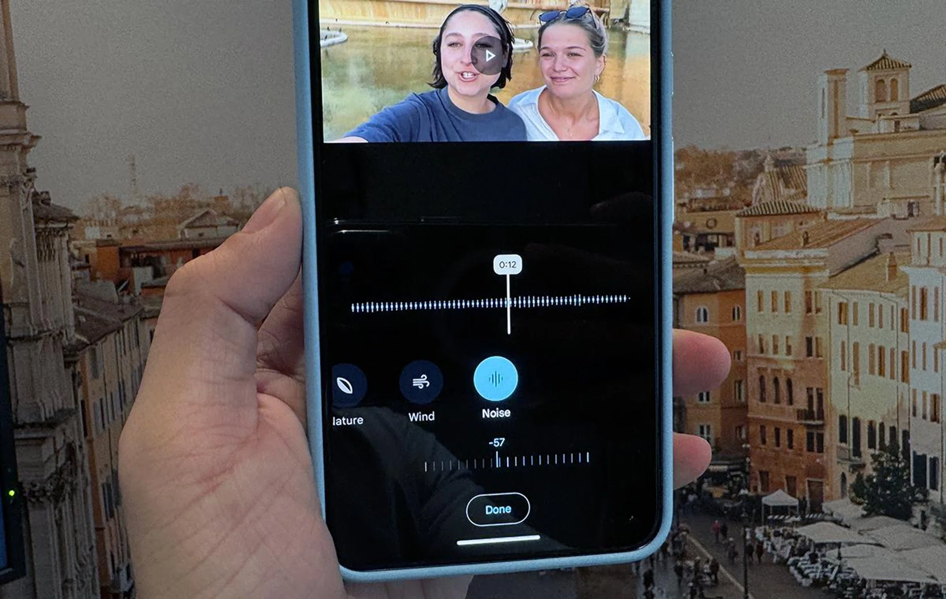 The audio editor offers four parameters for noise-cancelling your videos, and a slider for granular control.