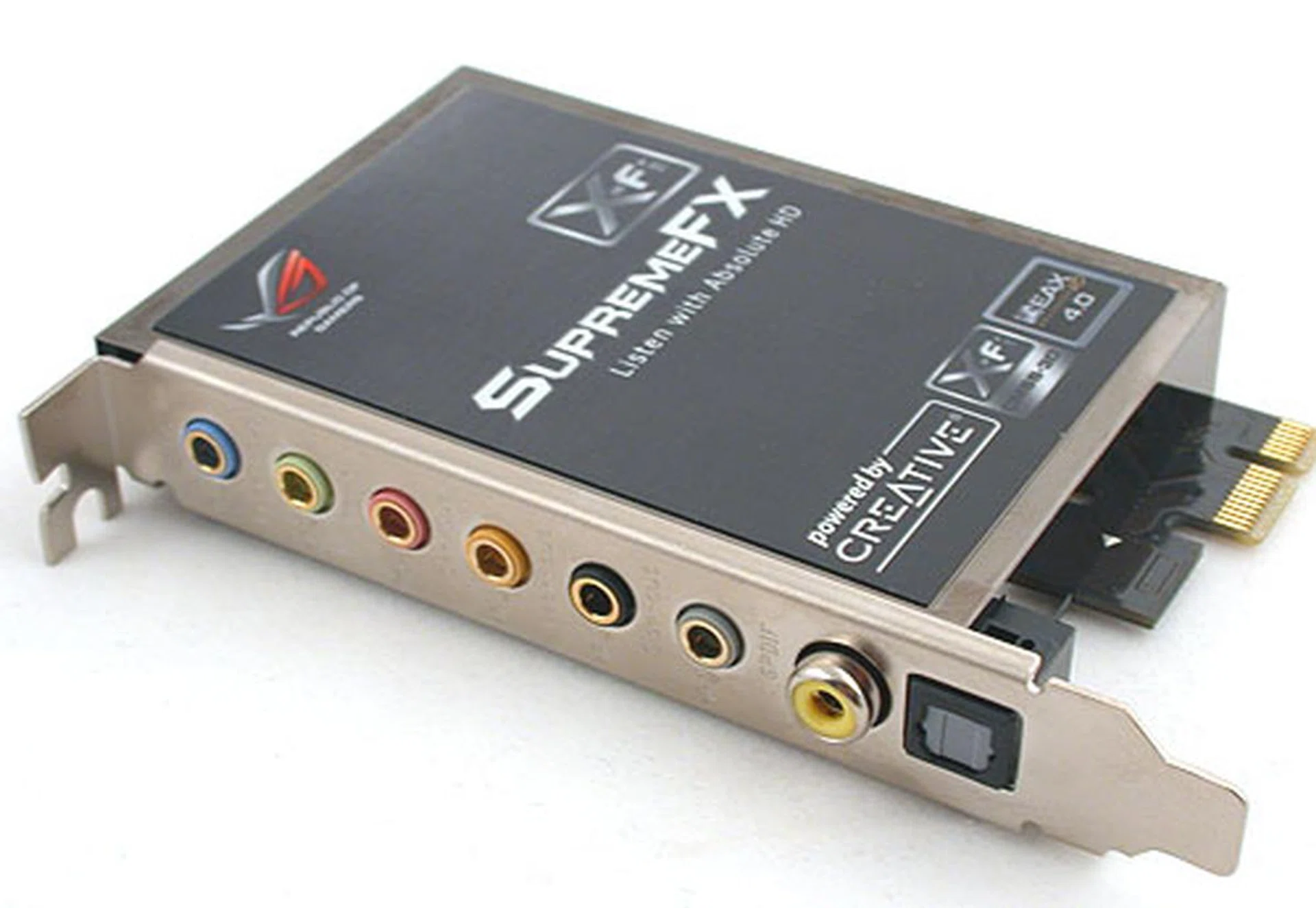 ASUS bundles an audio riser card, the SupremeFX X-Fi, which actually uses an ADI AD2000B HD audio CODEC inside. While it supports the suite of Creative branded sound features like EAX 4.0 Advanced, X-Fi Crystalizer, etc, it's done through software and has no hardware accelerated sound effects.