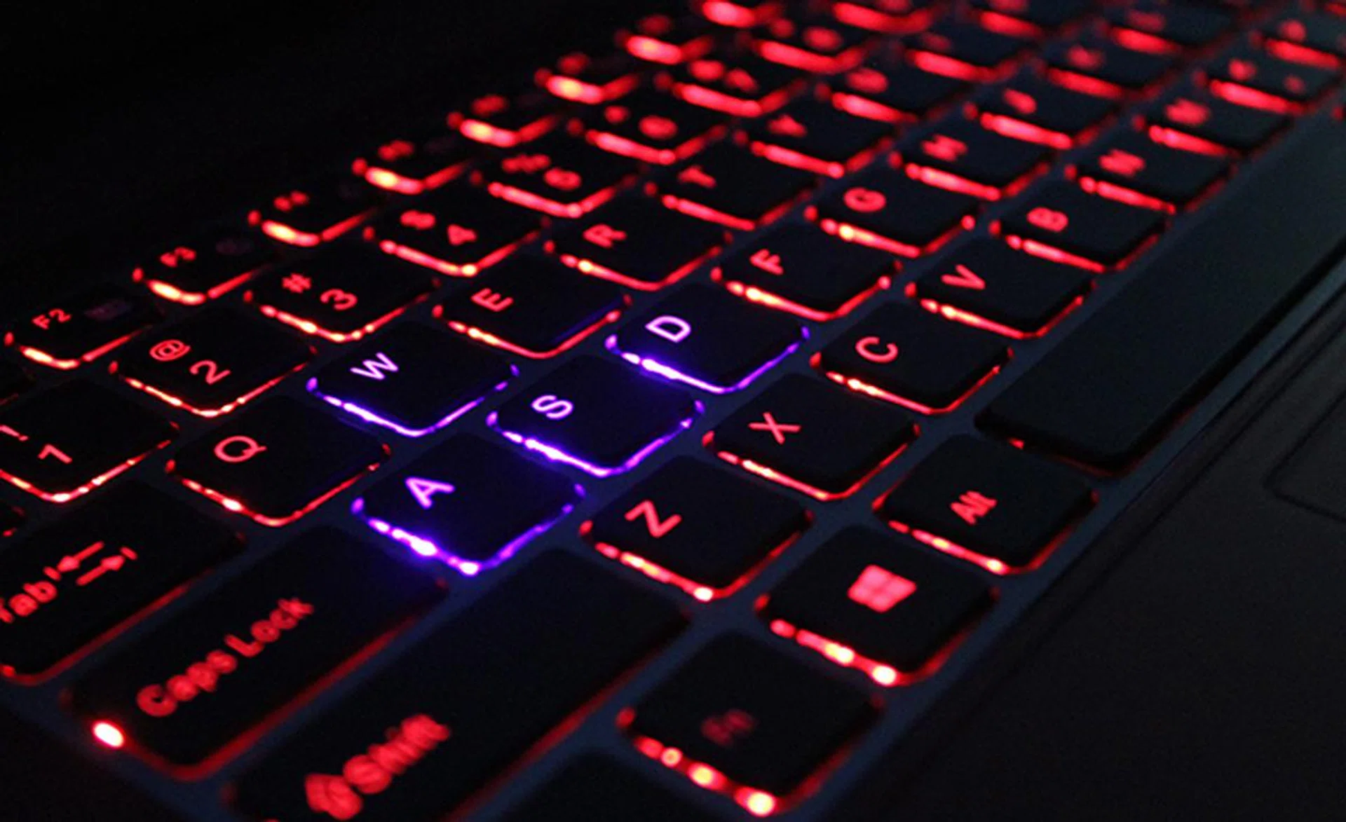 Our keyboard has red backlights with the exception of the WASD keys, which has purple backlights.