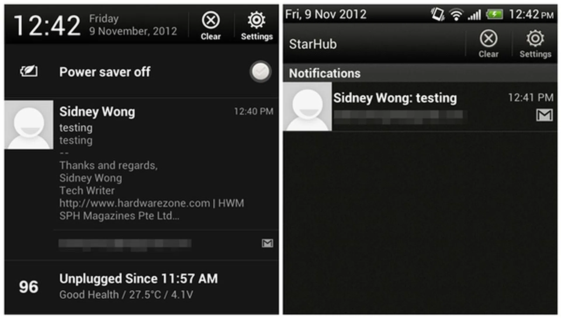 Expandable notifications, more prominent display of the date and time, and a new power saving mode are the new additions to the pull-down notification tab (left) as opposed to what the One X displays currently (right).