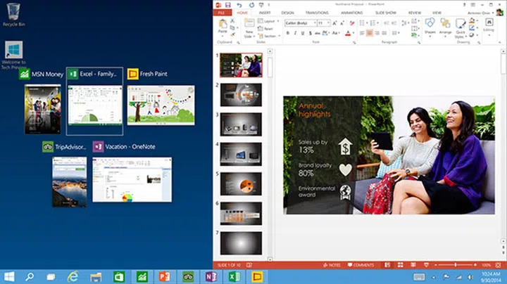When you snap an app or a program, Windows will suggest ways to fill the remaining space. (Image source: Microsoft.)