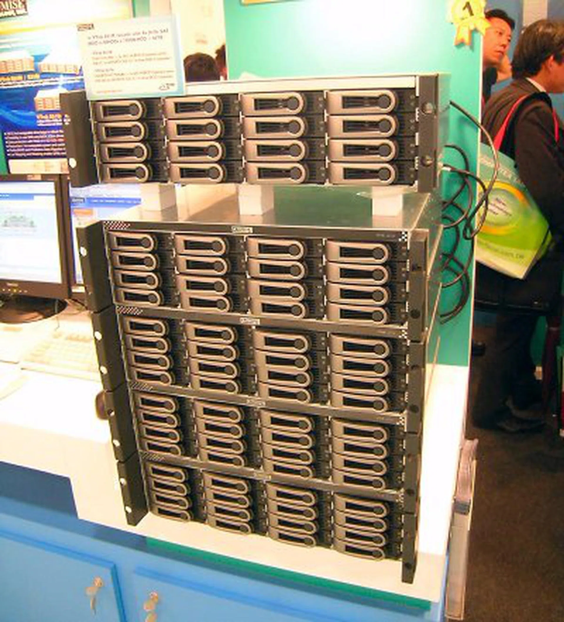  Here's something that is more in line with Promise's enterprise products, not something you'll see in your home anything soon, but this is a demonstration of a Promise CTrak E-Class SAS/SATA RAID 6 storage system. This is a cascade with a E610 dual controller and 4xJ610 JBOD modules for a total of 80 HDDs and 60TB of storage.  
