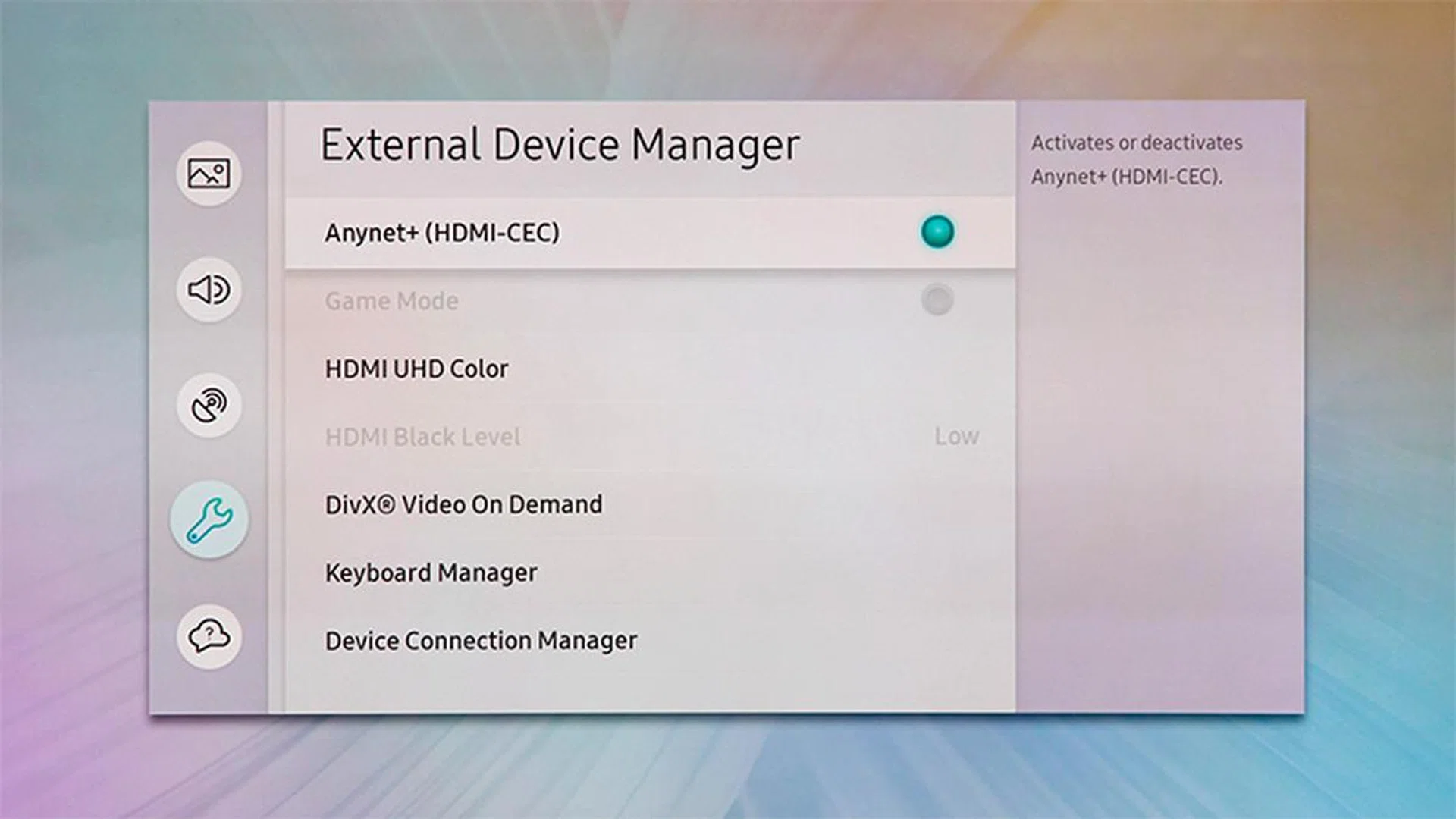There's a separate page with a few important settings for connected devices. For example, you'll find Game Mode here. If you need to display 4:4:4 UHD signals, check that HDMI UHD Color is enabled for the relevant port.