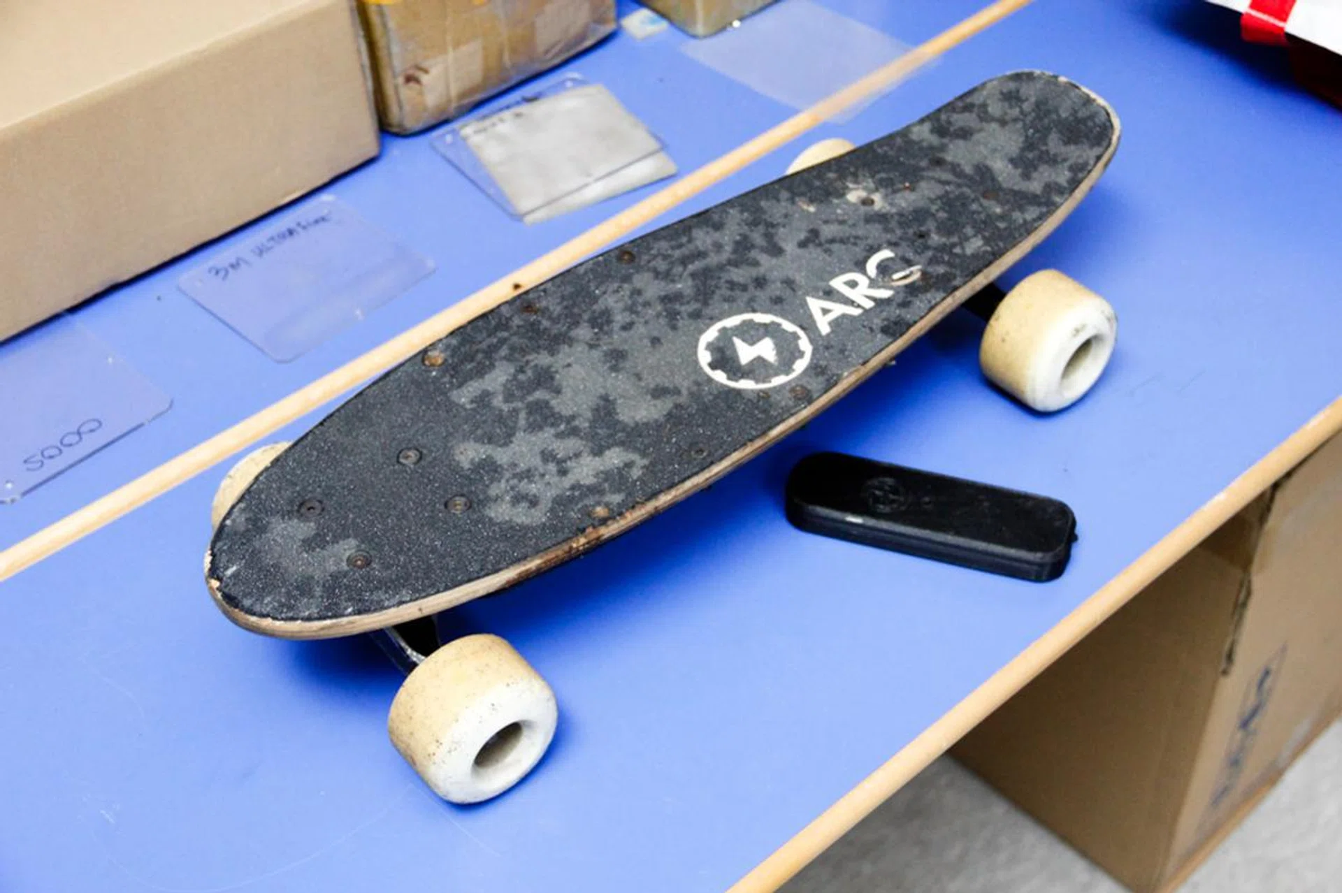 The final Arc Board prototype. It’s a little scuffy from testing, the damp discoloration is from the rain we were using it in, before this photo was shot.