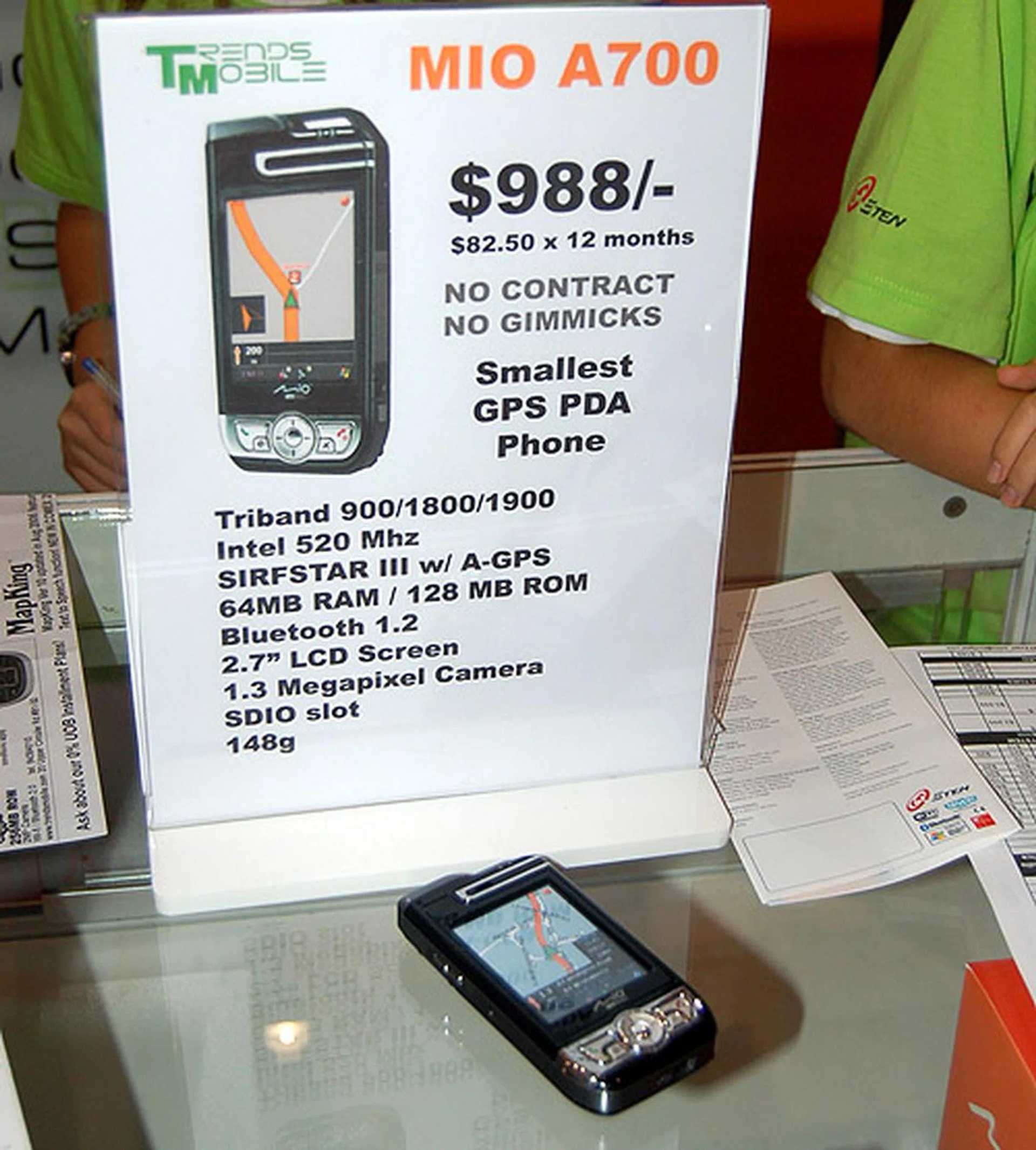 The MIO A700 is nothing to scoff at. With an Intel 520MHz processor, 64MB RAM, Bluetooth 1.2, 2.7-inch LCD, 1.3 megapixel camera and SDIO slot, this device is probably the smallest GPS PDA phone available for those on the road. Grab it at $988 or $82.50 over 12 months!