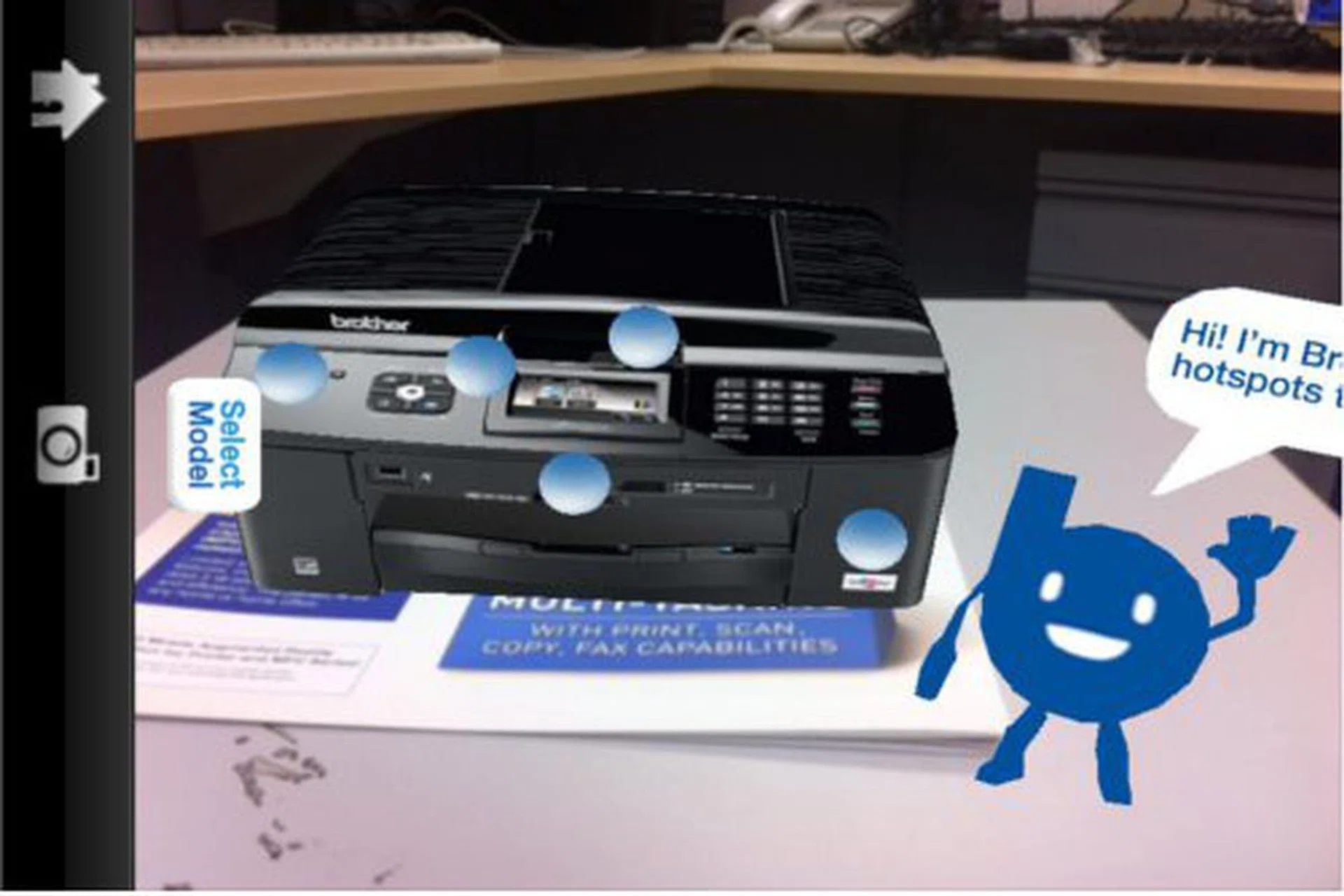 Starting the app and aiming at the designated brochures or posters will bring up a 3D model of the printer, which allows for a 360-degree view.