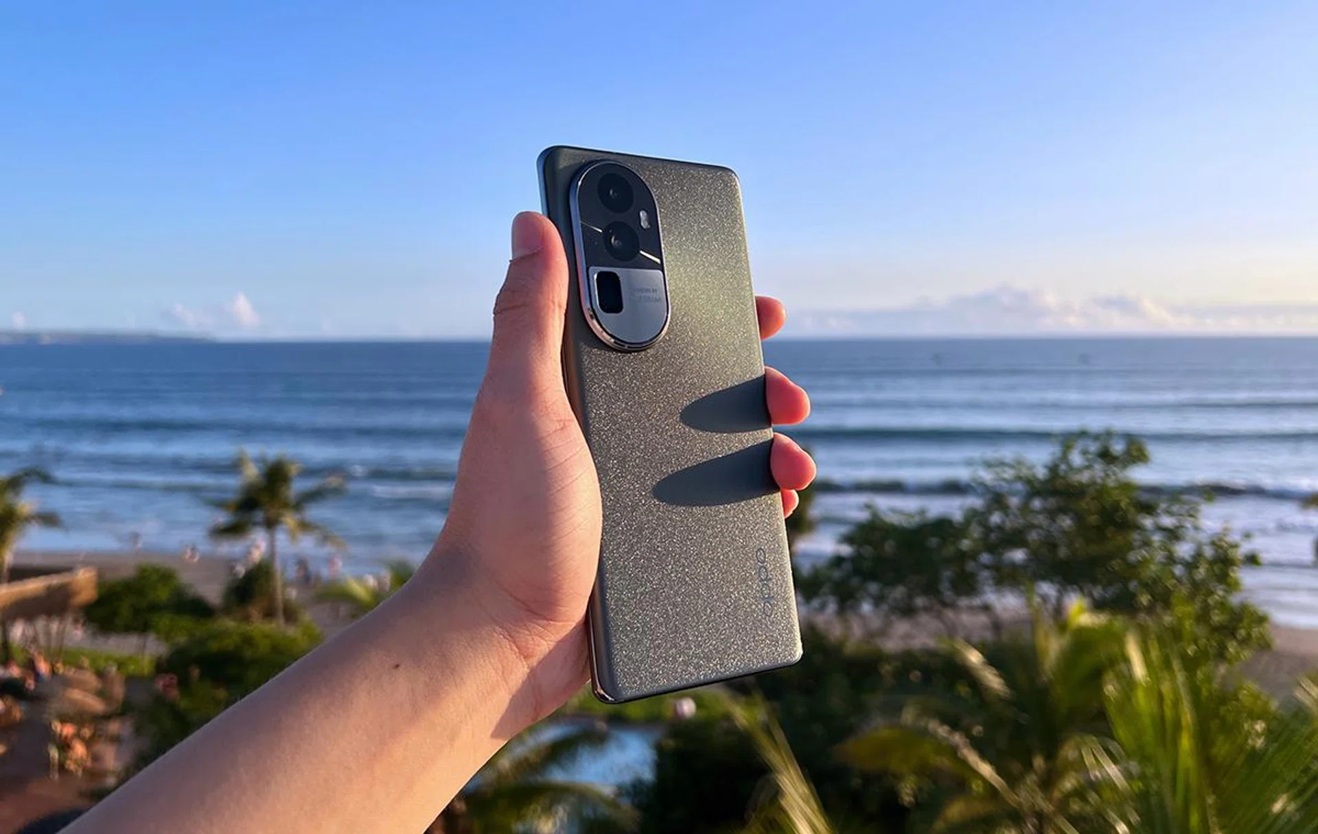 Oppo Reno10 Pro+ 5G in Silvery Grey.