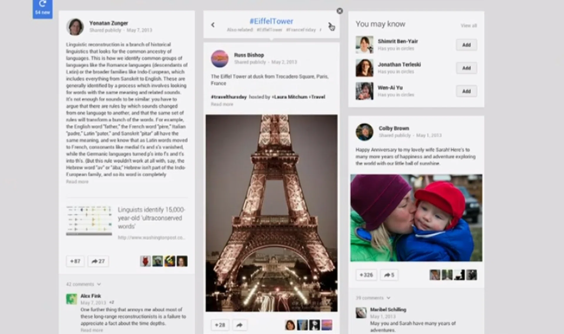 Content Cards with automatic hashtags, such as this one on the Eiffel Tower, will let you click to flip it over to discover more related content.