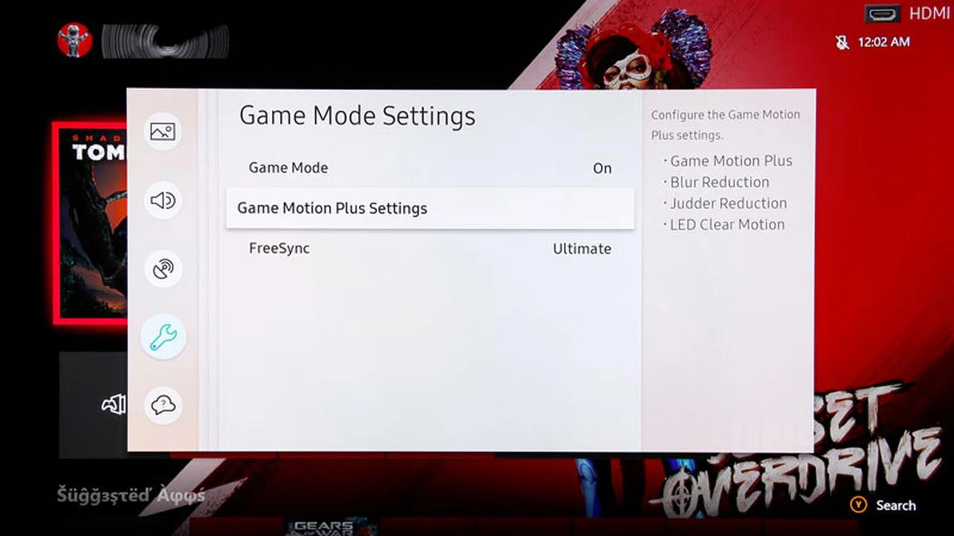 FreeSync and Game Mode's motion interpolation settings are located in a separate Game Mode Settings menu.