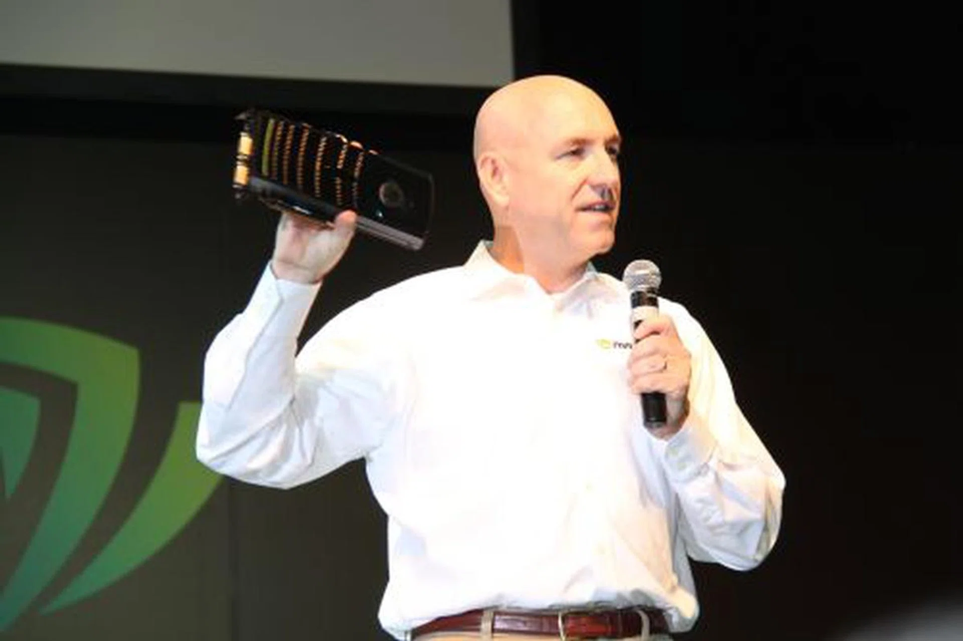 Drew Henry, General Manager for Desktop GPU business at NVIDIA holds up the GeForce GTX 480 card to the audience.