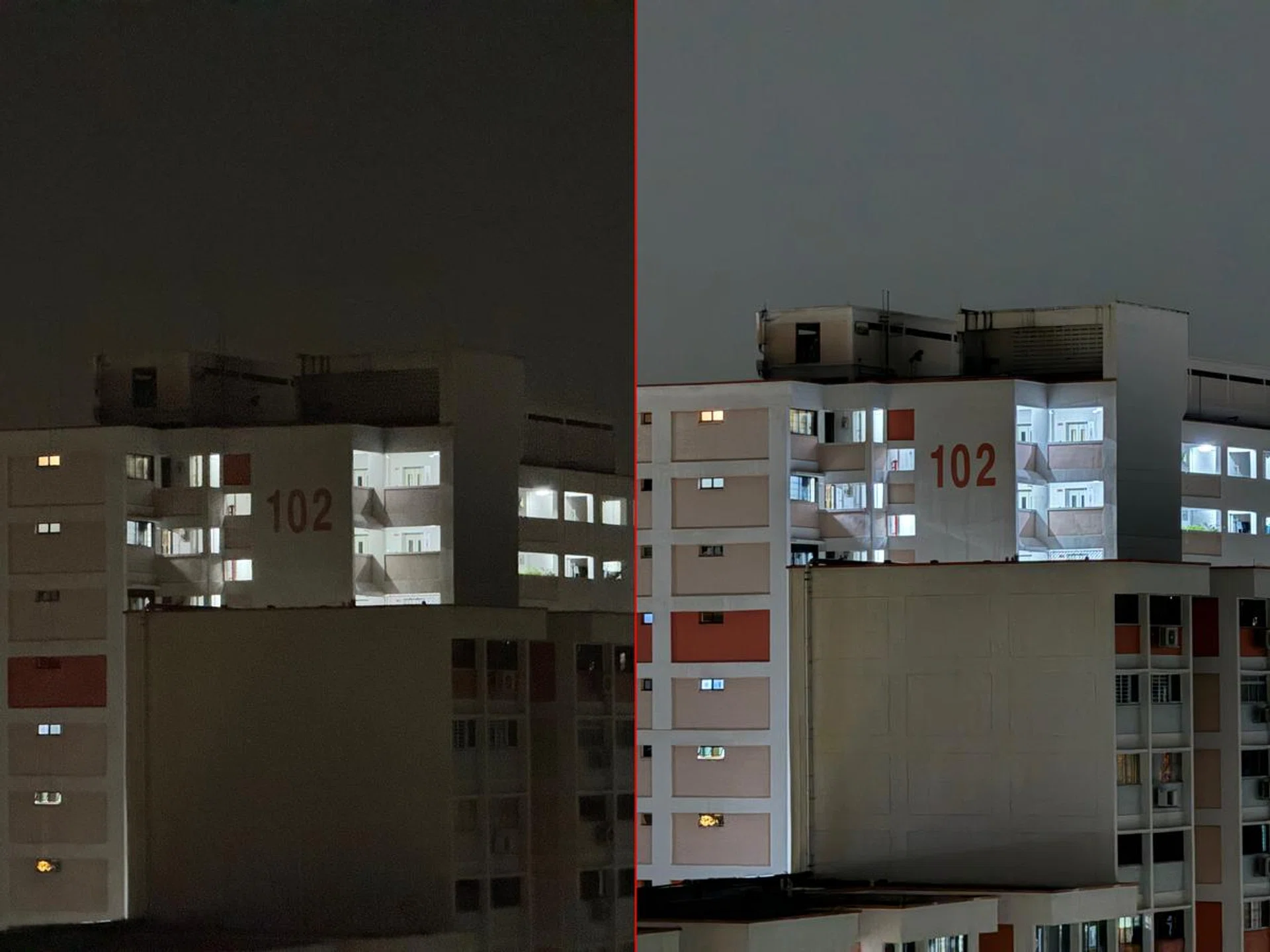 The 5x telephoto gets grainy in the dark. But Night Mode helps. 
(100% crop. Click on image to see full resolution.)
