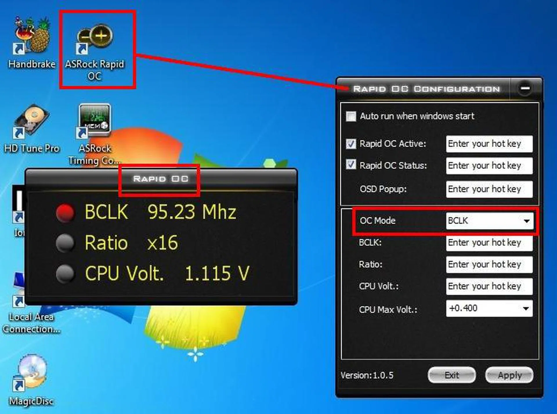 We launched the Rapid OC Configuration software by double-clicking the ASrock Rapid OC desktop shortcut. The other window titled Rapid OC appeared when the onboard Rapid OC buttons were pressed.