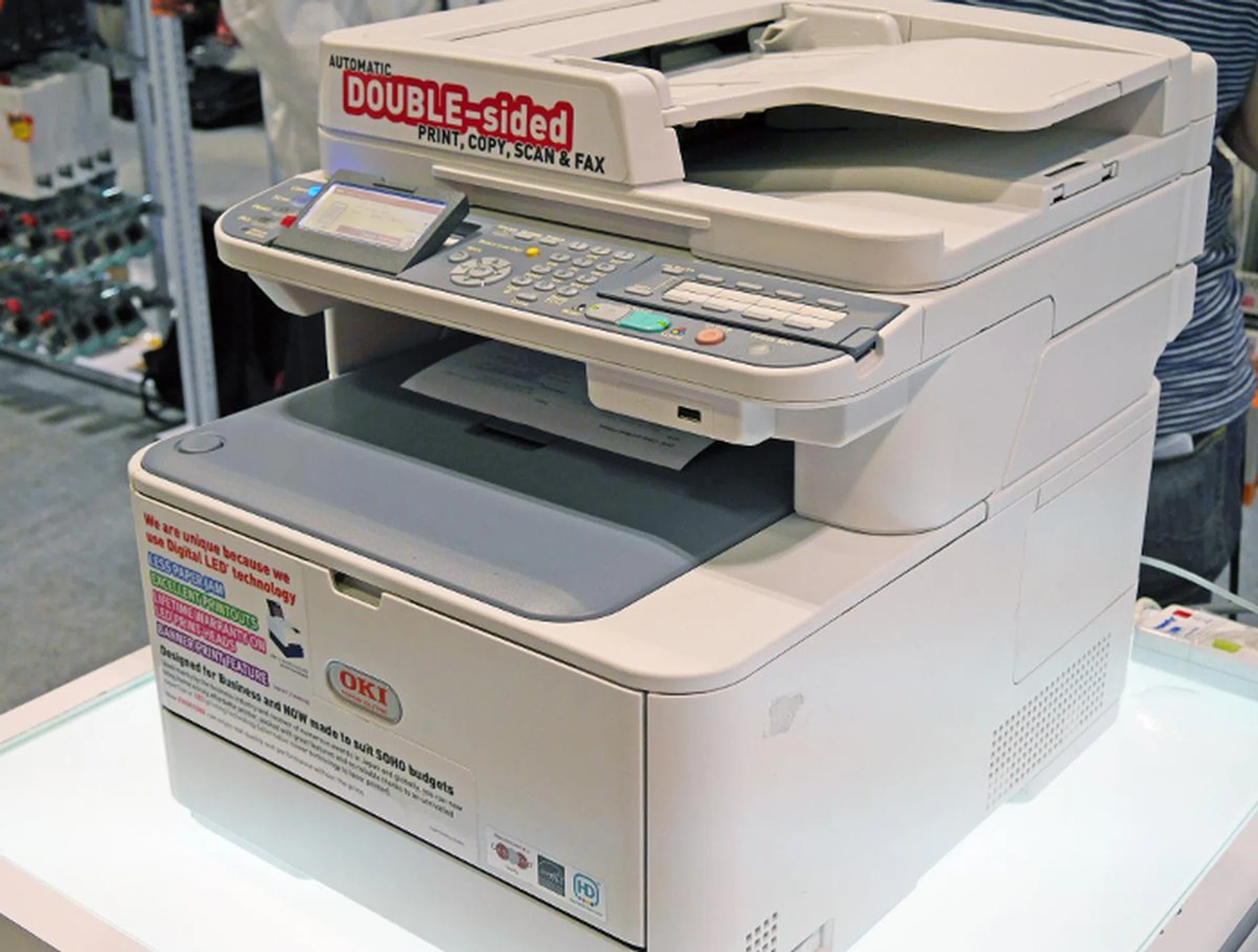 The Oki MB491dn is a mono LED printer that prints, scans, copies, and faxes. It is also capable of two-sided copy, print, scan, and fax. All for $499, which is $100 off the usual price.