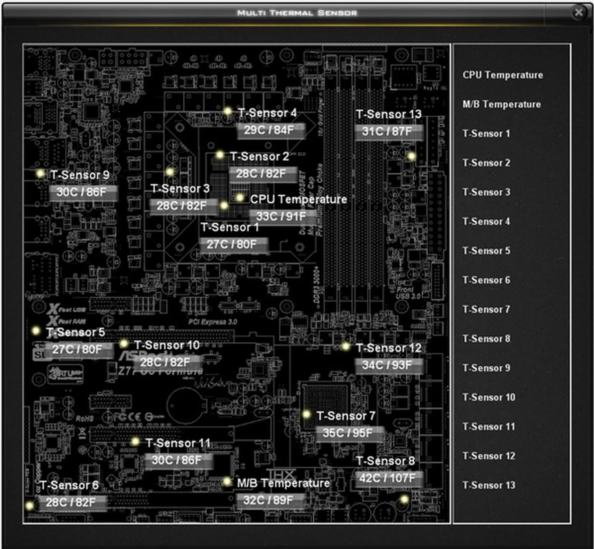 The Multi-Thermal Sensor provides a convenient to gather temperature readings of all the sensors on the motherboard. Our only wish was that it should have been integrated within the Hardware Monitoring section of the utility for a holistic view of all relevant information.