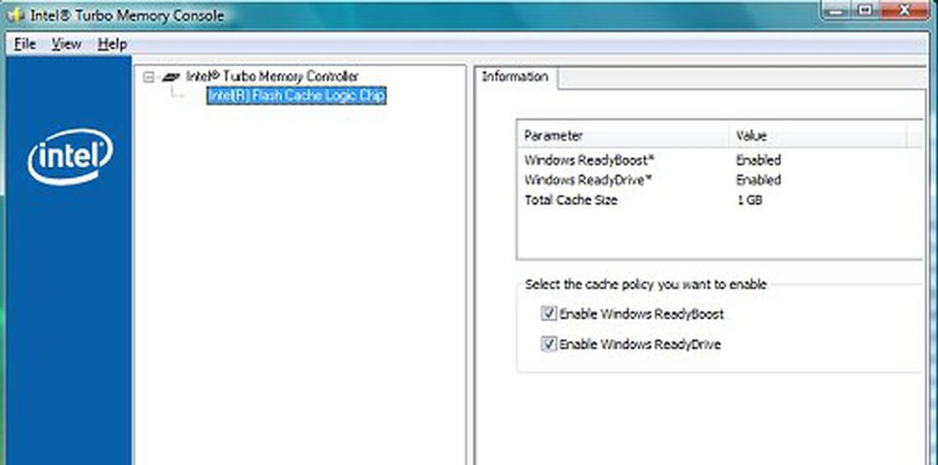 Turbo Memory console is really simple. You either enable or disable control of Windows ReadyBoost or ReadyDrive.