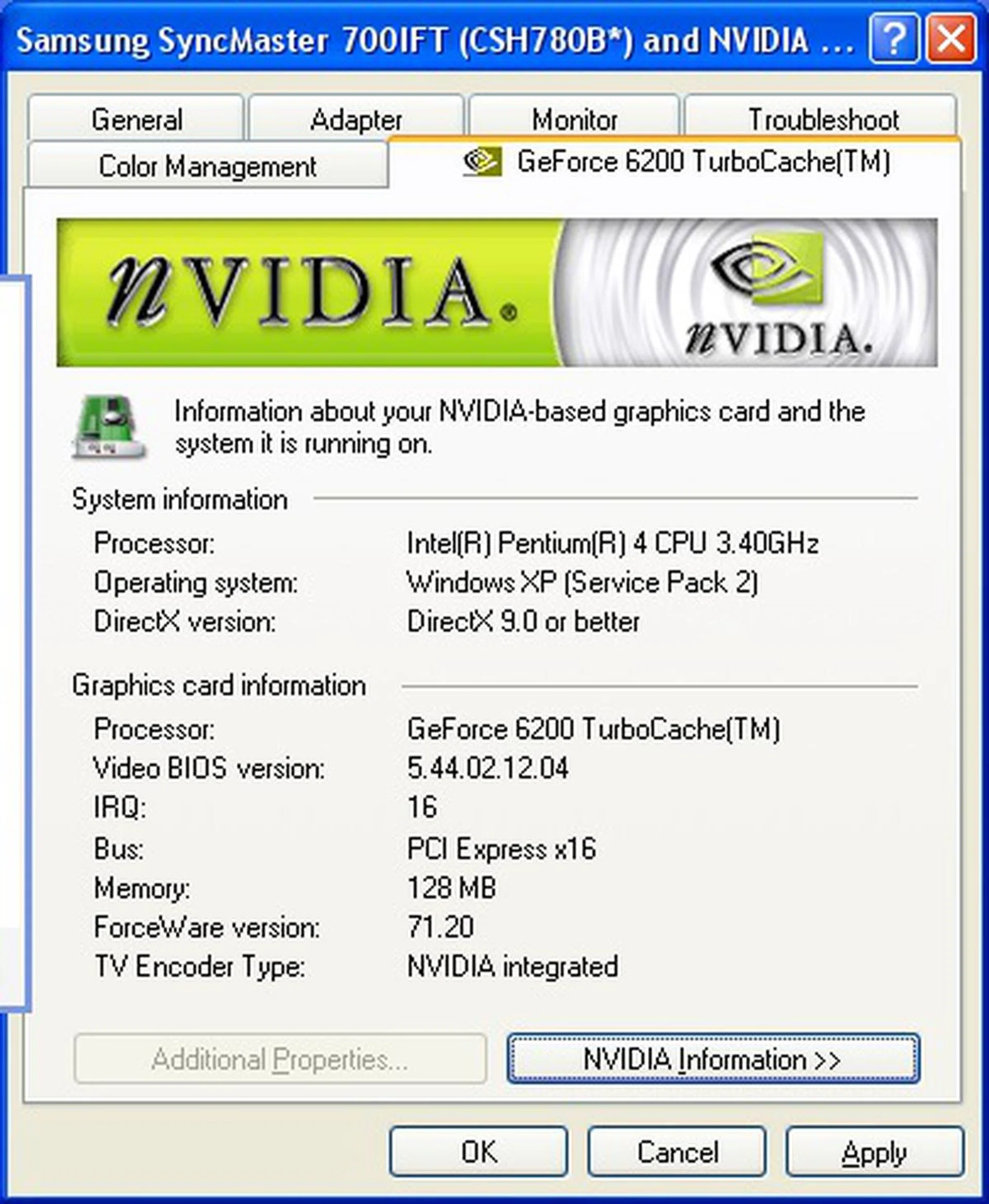 This is the new overall display properties page. As mentioned earlier in the review, the GeForce 6200 with TurboCache reports only the combined frame buffer size of 128MB.