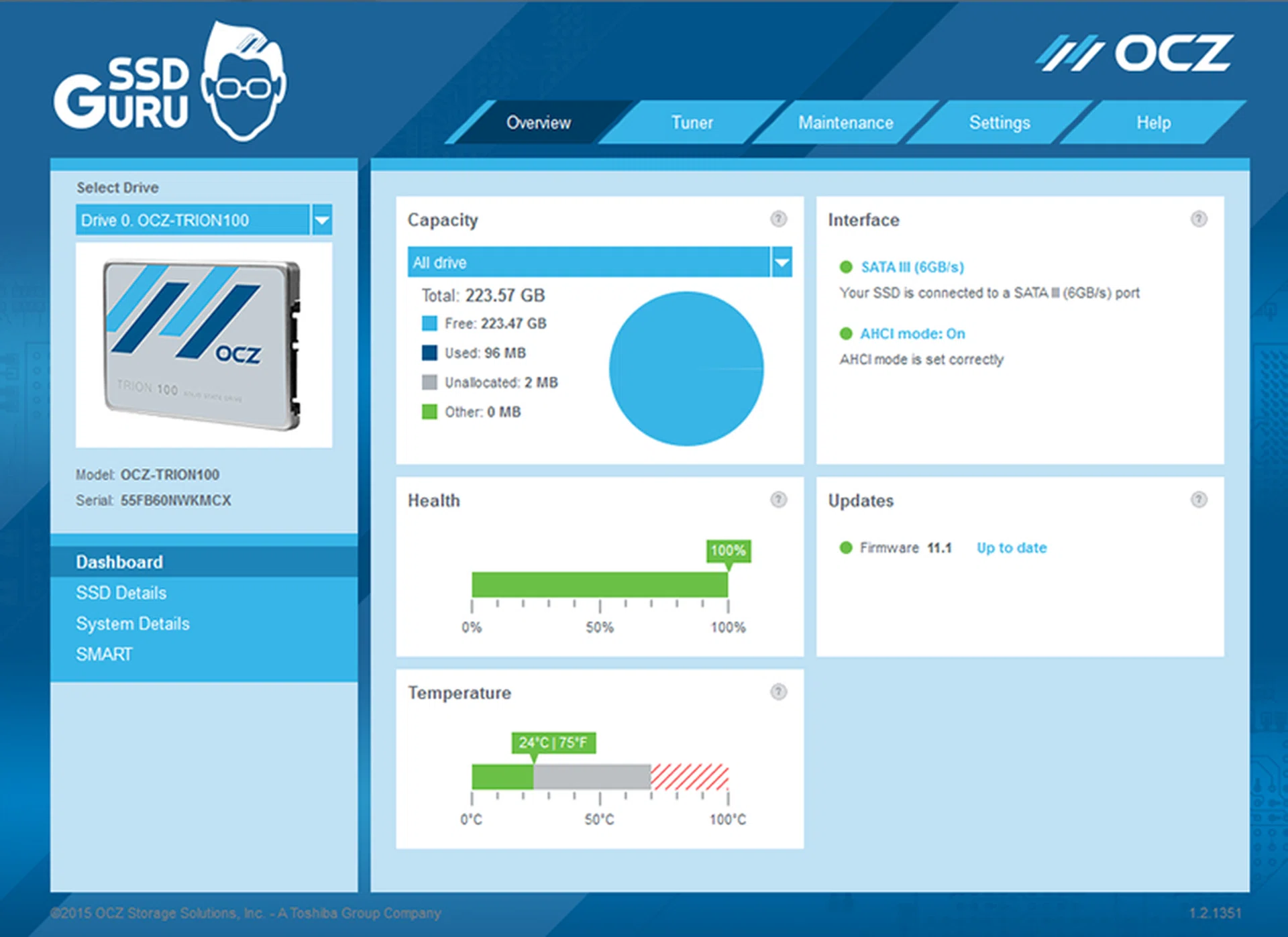 OCZ's SSD Guru utility makes it easy to update the drive's firmware and also check on its status.