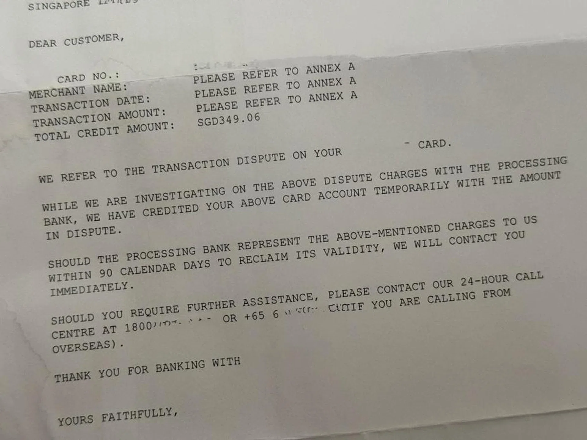 The amount shown in this letter is for just one of the two affected credit cards.
