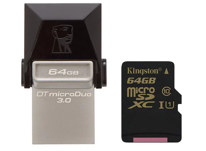 Kingston's new DataTraveler microDuo 3.0 and Class 10 UHS-I 90R/45W microSDHC/SDXC card. (Image source: Kingston.)