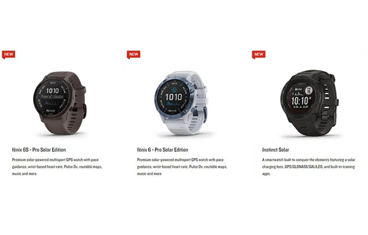 Solar versions of the Fenix 6S, Fenix 6, and Instinct from left to right.