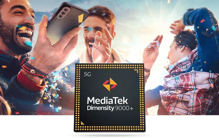 Hero image of the MediaTek Dimensity 9000+ chipset with photos of people happily using smartphones. Source: MediaTek.