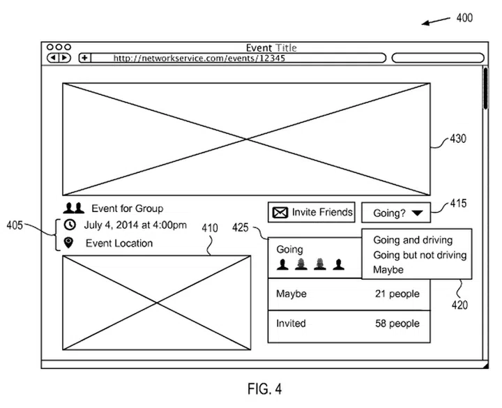 Filed patent shows that the events page will allow people to indicate if they're driving, should this ride-sharing feature start.