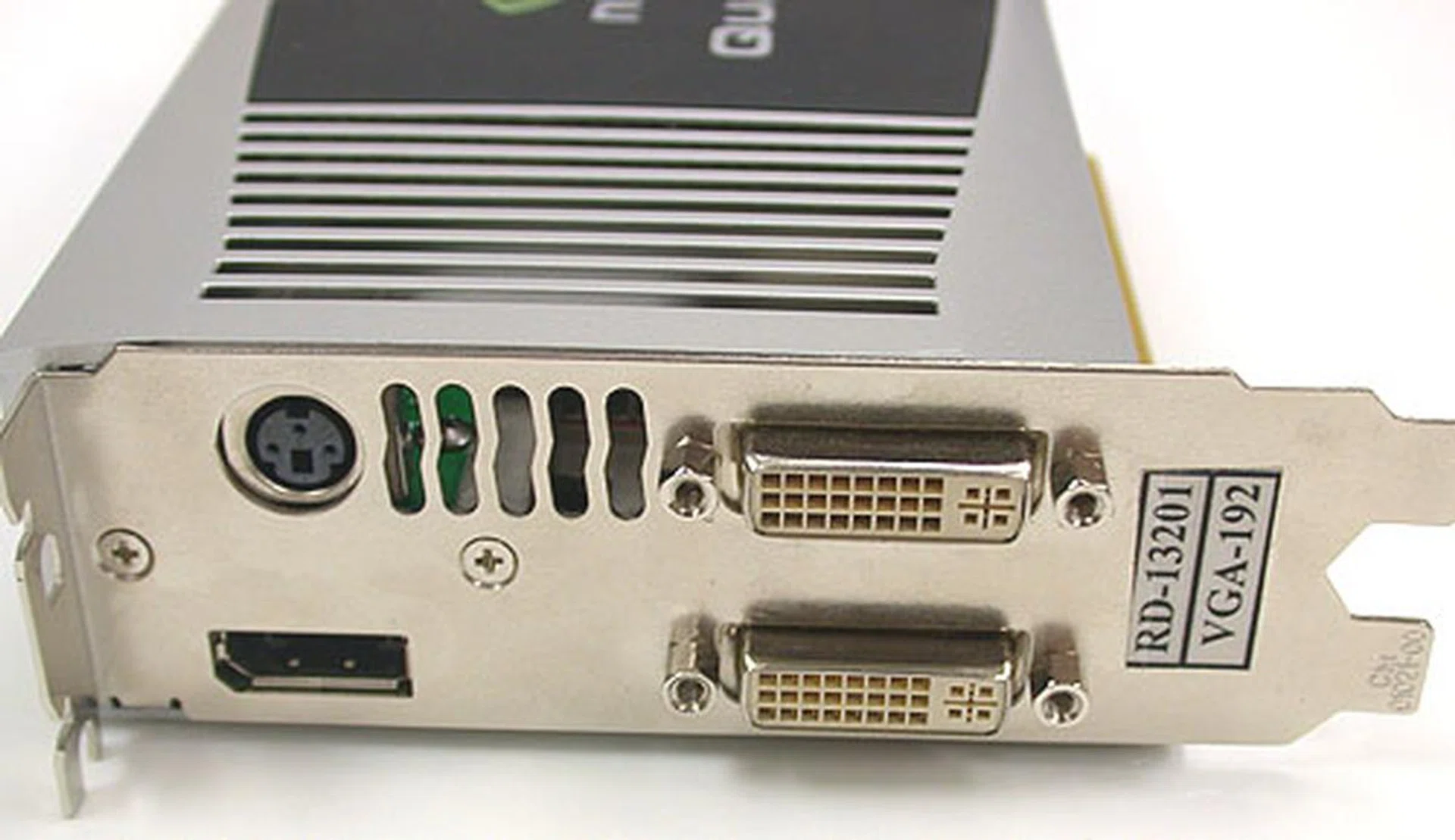 Four outputs on the FX 5800 include a pair of dual-link DVI, a DisplayPort and a 3D stereo port.