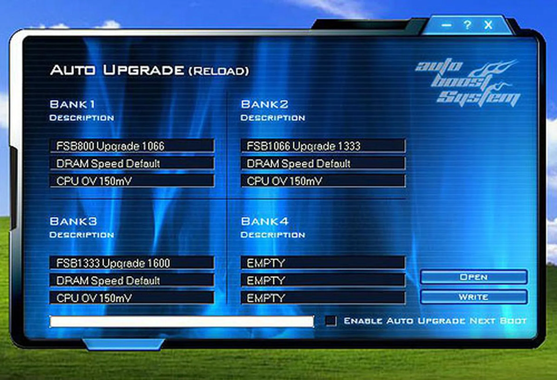Here are the default ABS profiles on our board. Basically, pressing F1 during boot up will cause the appropriate profile to be triggered, pushing your 333MHz FSB to 400MHz for example.