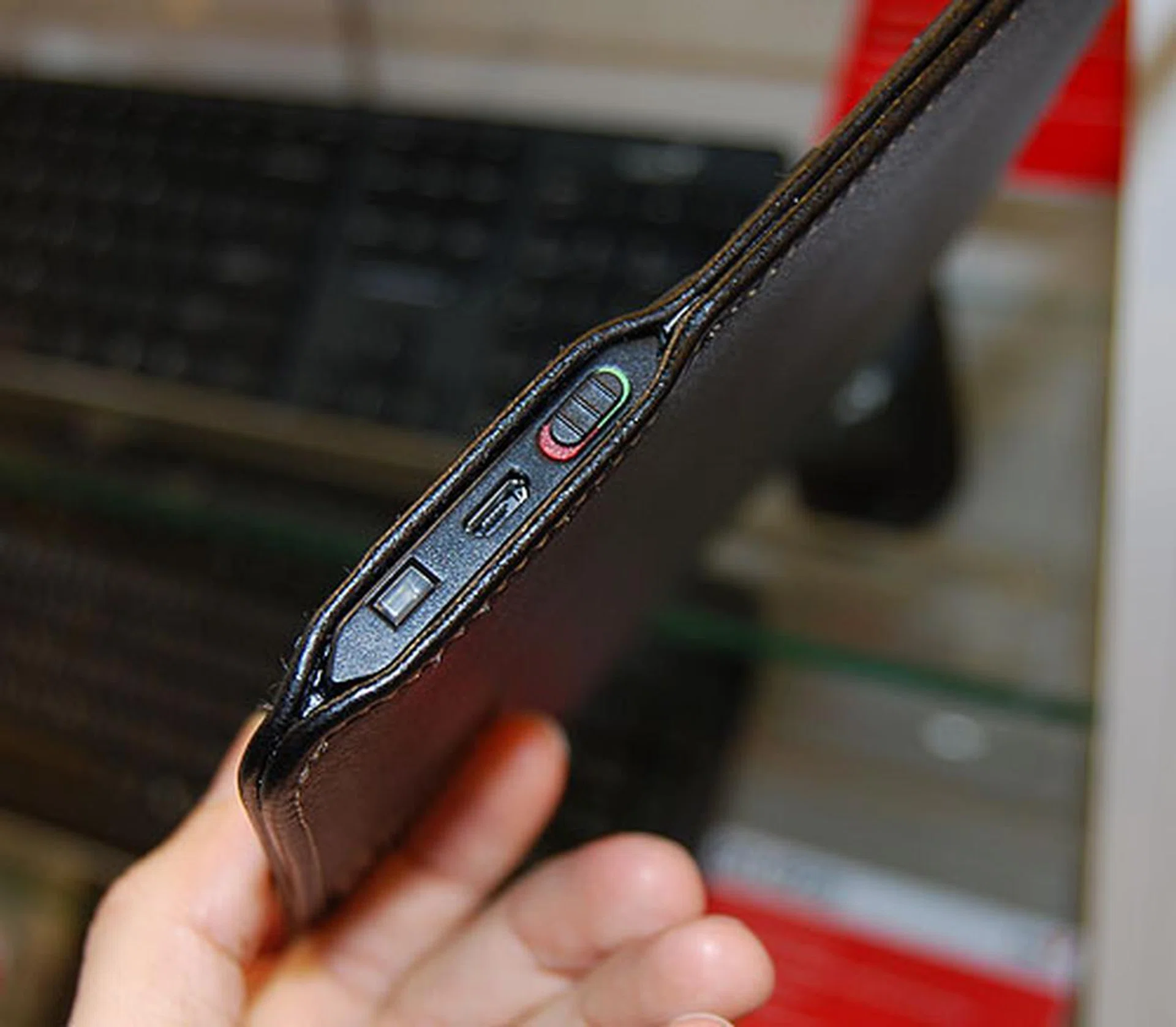 You can charge the keyboard using this mini-USB port and also turn it on and off. 