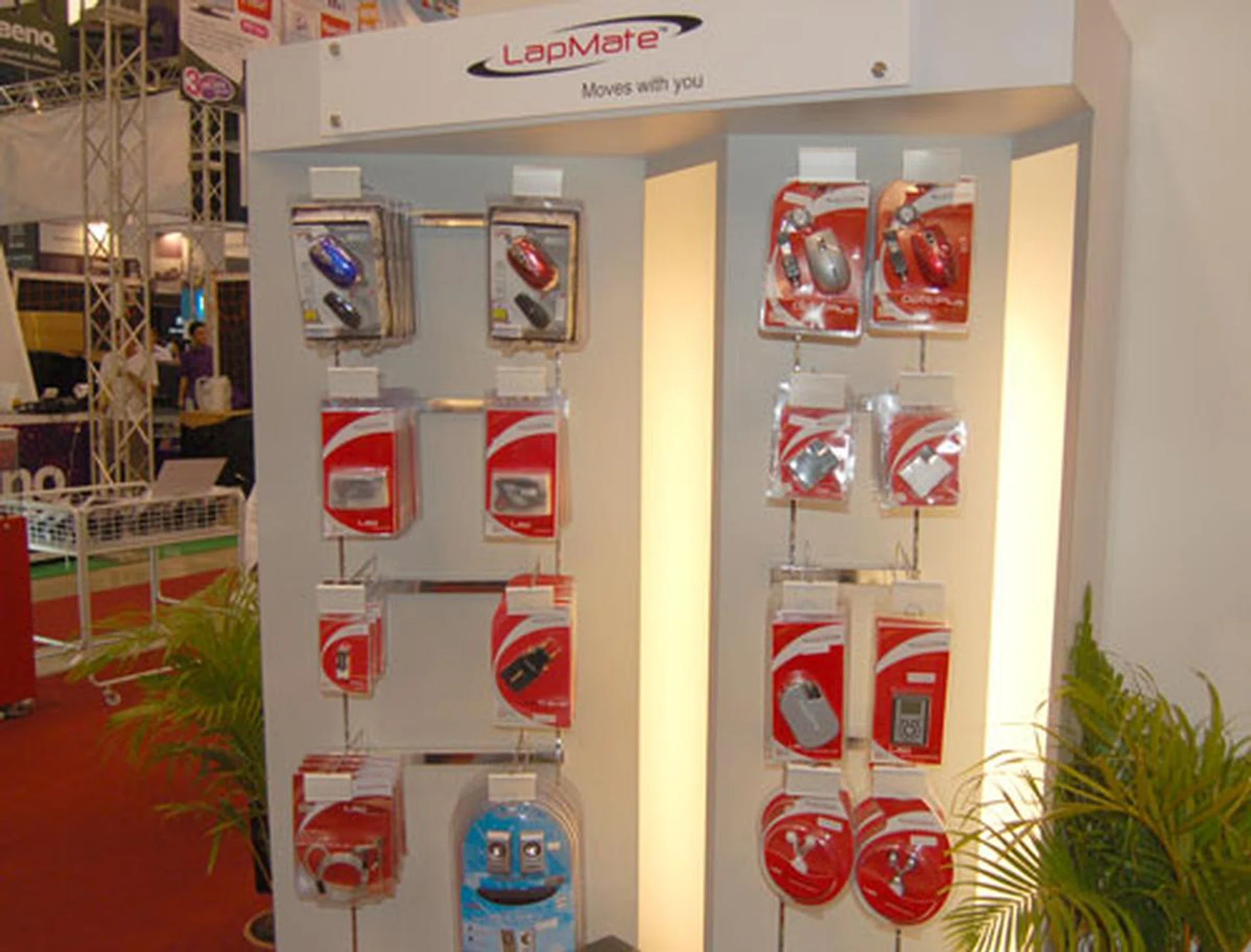 An assortment of LapMate mobile products on display. In fact everything from LapMate was so small that only little space was needed to showcase their entire range of products.