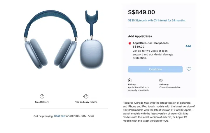 AppleCare+ for the new AirPods Max is priced at S$89