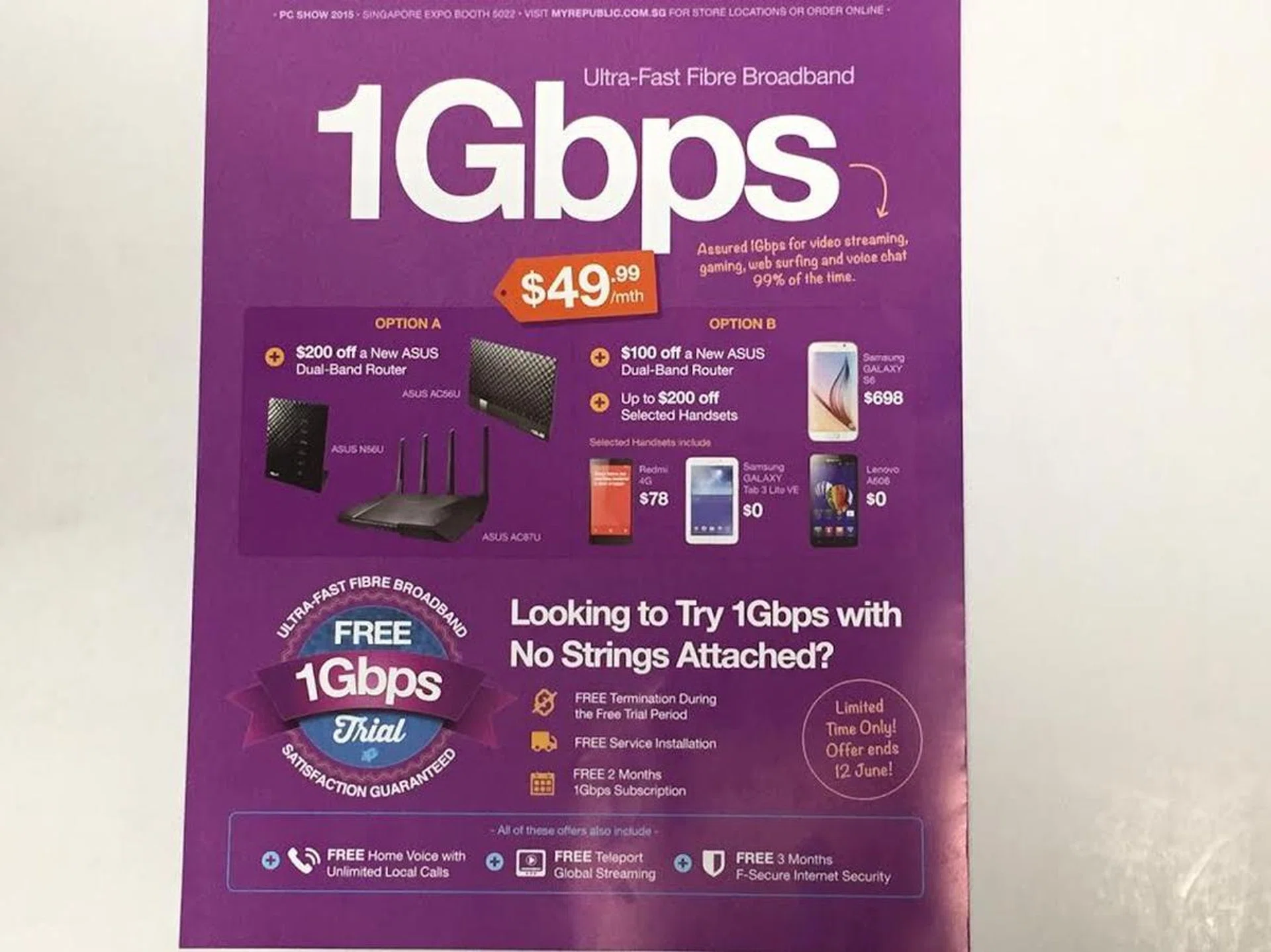 Sign up for a 1Gbps fibre broadband deal with MyRepublic at the PC Show ($49.99/month) and get $200 off an ASUS dual-band router (your choice of ASUS N56U, AC56U or AC87U). Or, get $100 off an ASUS dual-band router AND a great deal on a new smartphone.